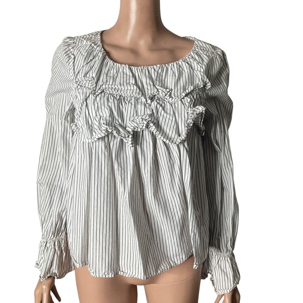 Gap Womens Small Ruffle Blouse Black White Striped Long Sleeve Crew Neck Top